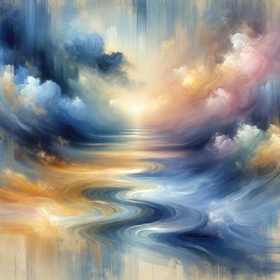The primary subject of the image is a painting of a river with a blue sky and clouds. The setting is a beautiful landscape with a body of water, and the visual style is a painting that captures the essence of the scene. The colors and mood of the painting are predominantly blue and serene, creating a peaceful atmosphere.